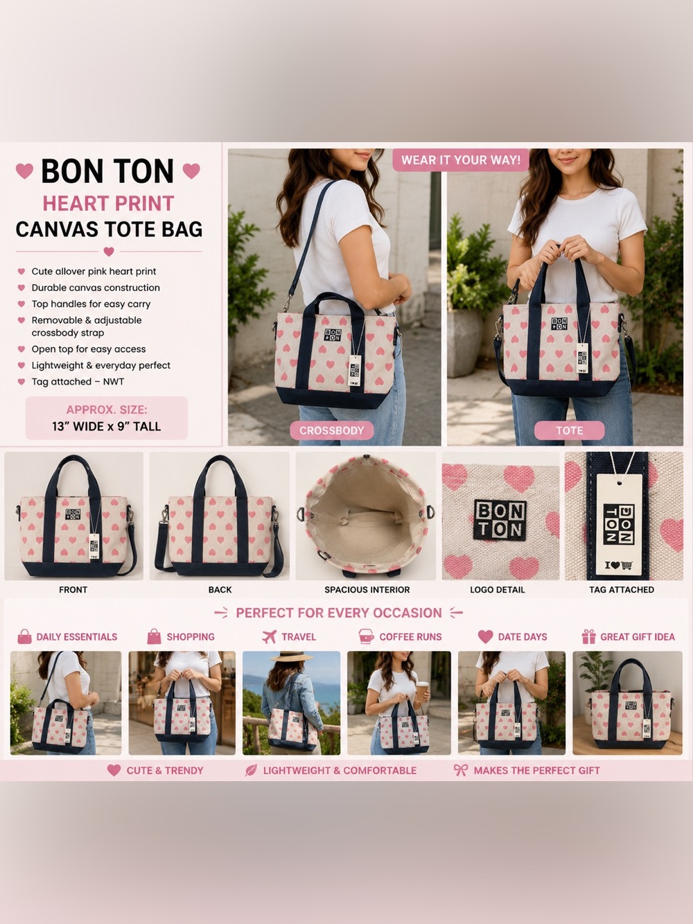 Bon Ton Heart Print Canvas Tote Bag Pink Hearts Crossbody Shoulder Bag NWT